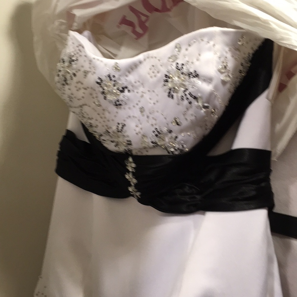 David's Bridal White and Black Embellished Prom Dress